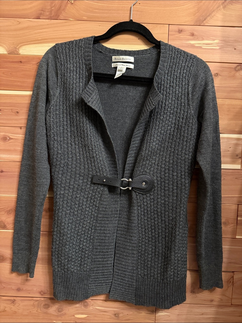 Susan Bristol Charcoal Gray Textured Knit Cardigan with Buckle